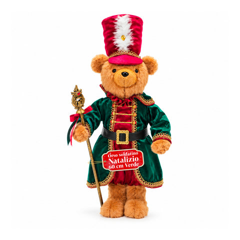 Orso soldatino natalizio, decorazione natalizia, 2 colori, altezza 60 cm, poliestere, con cappello, mantello e bastone