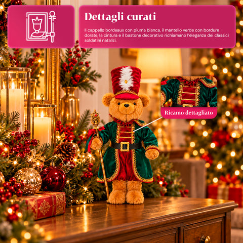 Orso soldatino natalizio, decorazione natalizia, 2 colori, altezza 60 cm, poliestere, con cappello, mantello e bastone