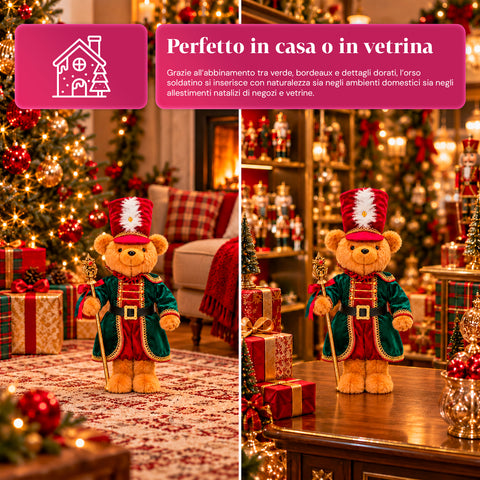 Orso soldatino natalizio, decorazione natalizia, 2 colori, altezza 60 cm, poliestere, con cappello, mantello e bastone