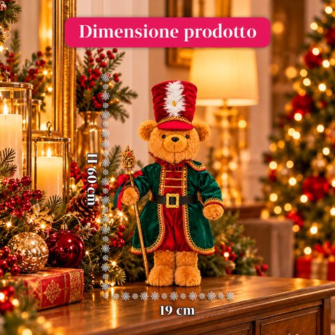 Orso soldatino natalizio, decorazione natalizia, 2 colori, altezza 60 cm, poliestere, con cappello, mantello e bastone