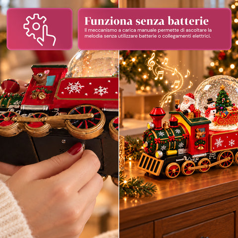 Carillon locomotiva natalizia con sfera di neve in vetro, Babbo Natale sul treno, a carica meccanica, dimensioni 22x13x17,5 cm