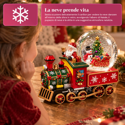 Carillon locomotiva natalizia con sfera di neve in vetro, Babbo Natale sul treno, a carica meccanica, dimensioni 22x13x17,5 cm