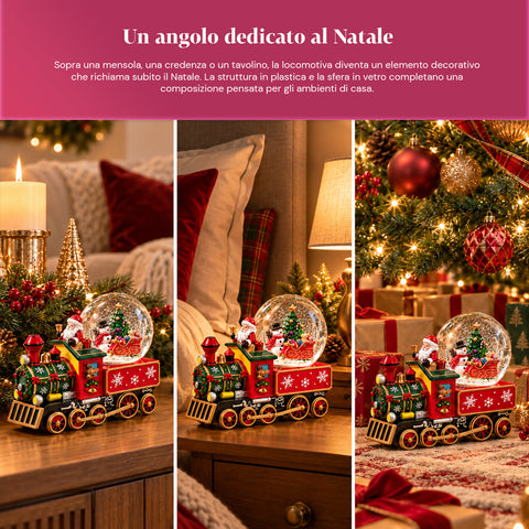 Carillon locomotiva natalizia con sfera di neve in vetro, Babbo Natale sul treno, a carica meccanica, dimensioni 22x13x17,5 cm
