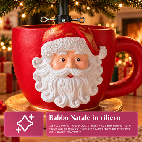 Base per albero di Natale a forma di tazza con Babbo Natale in rilievo, foro universale 4 cm, per fusti fino a 180 cm, peso 6 kg