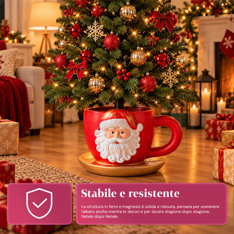 Base per albero di Natale a forma di tazza con Babbo Natale in rilievo, foro universale 4 cm, per fusti fino a 180 cm, peso 6 kg