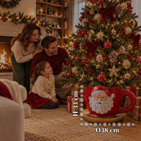 Base per albero di Natale a forma di tazza con Babbo Natale in rilievo, foro universale 4 cm, per fusti fino a 180 cm, peso 6 kg