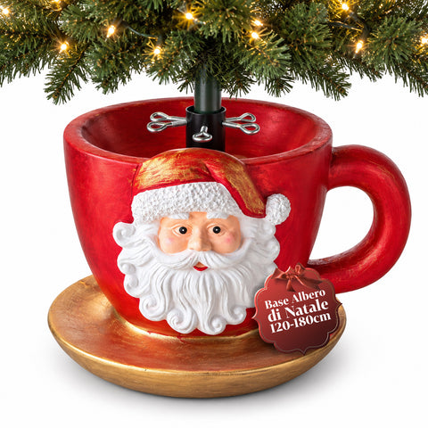 Base per albero di Natale a forma di tazza con Babbo Natale in rilievo, foro universale 4 cm, per fusti fino a 180 cm, peso 6 kg