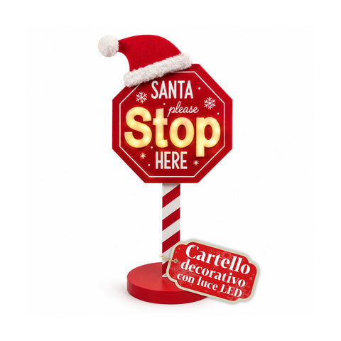 Cartello Santa Stop Here Luminoso 51 cm, Decorazione Natalizia LED