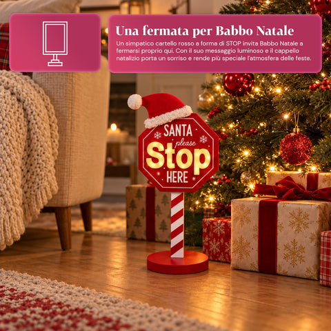 Cartello Santa Stop Here Luminoso 51 cm, Decorazione Natalizia LED