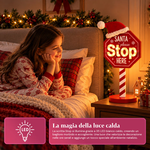 Cartello Santa Stop Here Luminoso 51 cm, Decorazione Natalizia LED