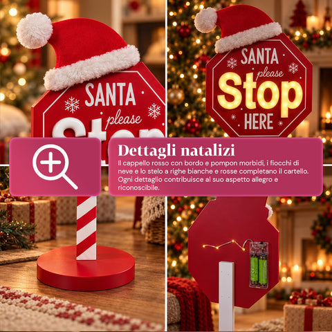 Cartello Santa Stop Here Luminoso 51 cm, Decorazione Natalizia LED