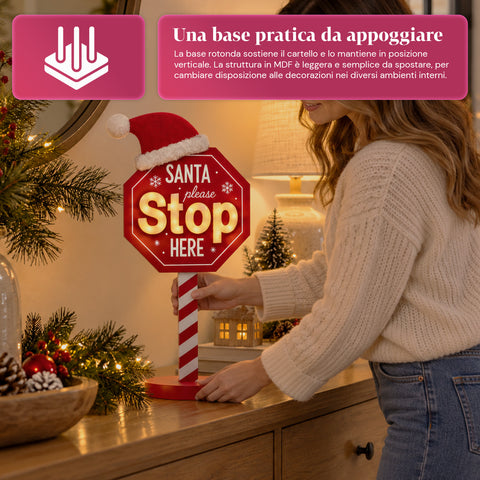 Cartello Santa Stop Here Luminoso 51 cm, Decorazione Natalizia LED