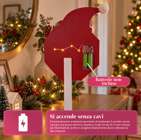 Cartello Santa Stop Here Luminoso 51 cm, Decorazione Natalizia LED