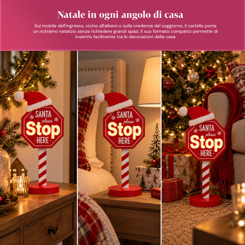Cartello Santa Stop Here Luminoso 51 cm, Decorazione Natalizia LED