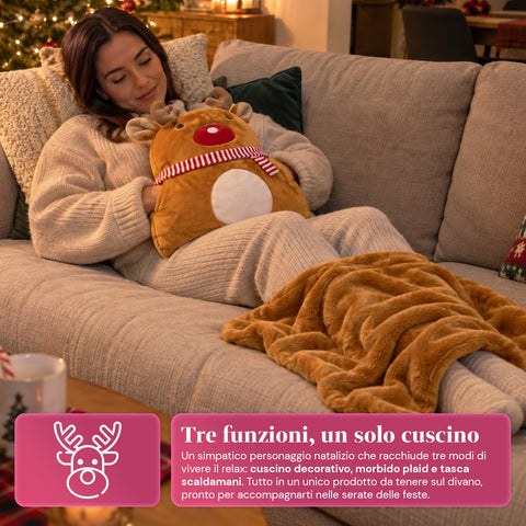 Cuscino Natalizio con Plaid 60x90 cm e Scaldamani 3 in 1, 3 personaggi disponibili