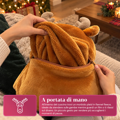 Cuscino Natalizio con Plaid 60x90 cm e Scaldamani 3 in 1, 3 personaggi disponibili