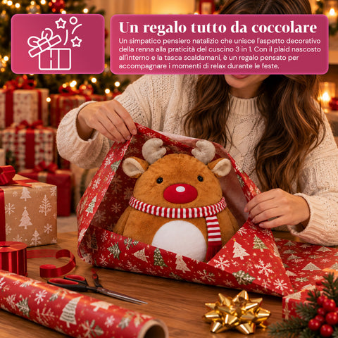 Cuscino Natalizio con Plaid 60x90 cm e Scaldamani 3 in 1, 3 personaggi disponibili