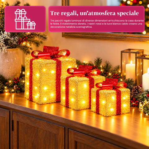 Set 3 pacchi regalo luminosi a batteria 51 LED bianco caldo