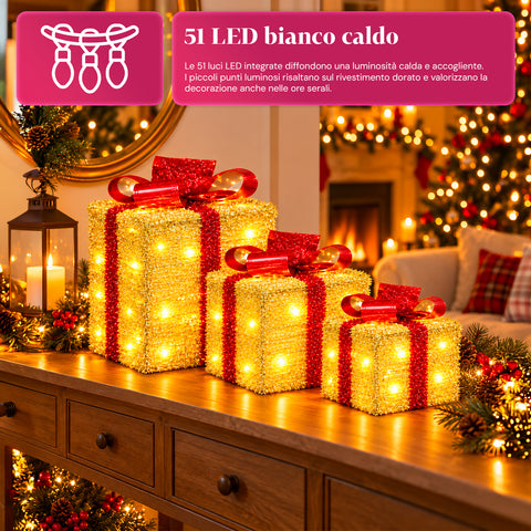 Set 3 pacchi regalo luminosi a batteria 51 LED bianco caldo