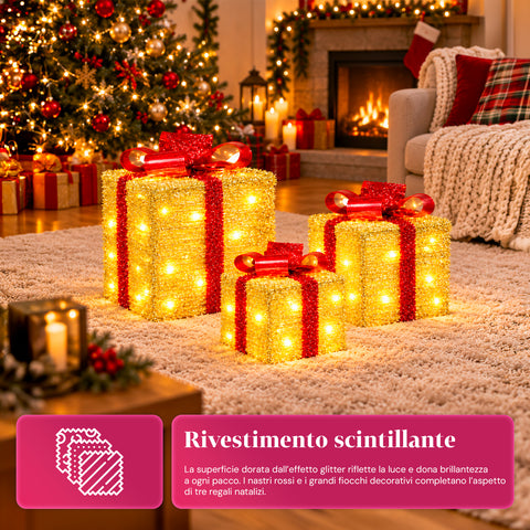 Set 3 pacchi regalo luminosi a batteria 51 LED bianco caldo