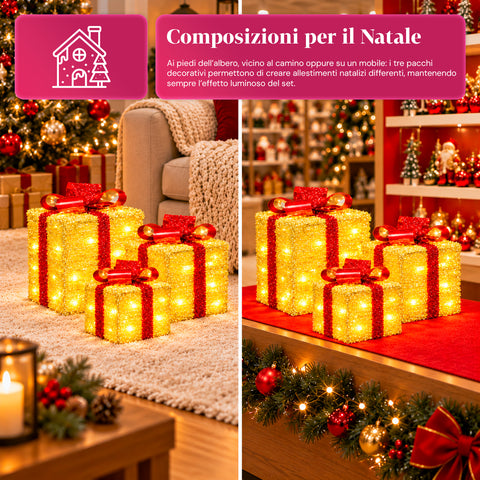 Set 3 pacchi regalo luminosi a batteria 51 LED bianco caldo