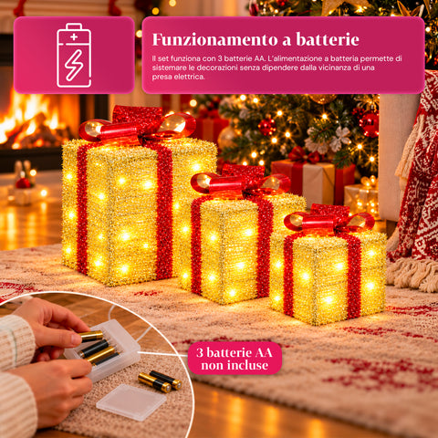 Set 3 pacchi regalo luminosi a batteria 51 LED bianco caldo