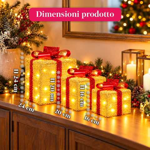 Set 3 pacchi regalo luminosi a batteria 51 LED bianco caldo