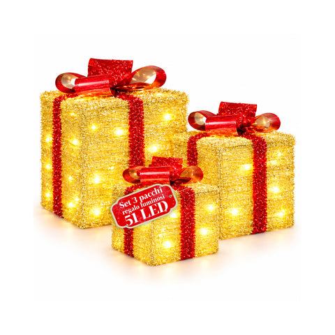 Set 3 pacchi regalo luminosi a batteria 51 LED bianco caldo