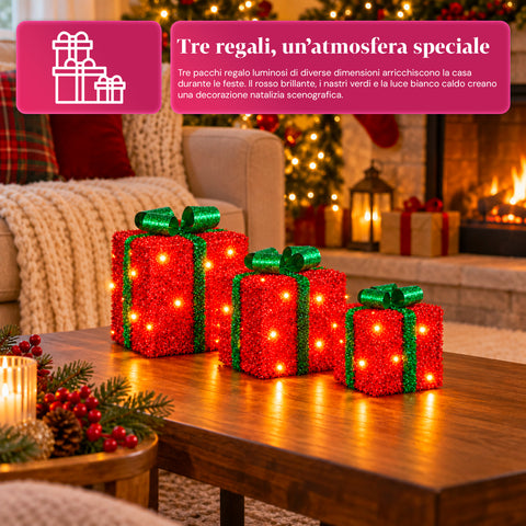 Set 3 pacchi regalo luminosi a batteria 51 LED bianco caldo
