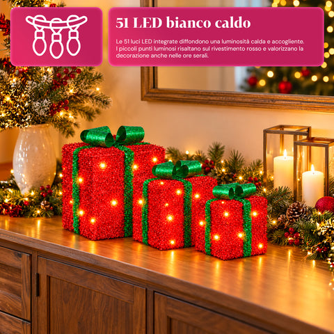 Set 3 pacchi regalo luminosi a batteria 51 LED bianco caldo
