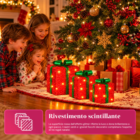 Set 3 pacchi regalo luminosi a batteria 51 LED bianco caldo