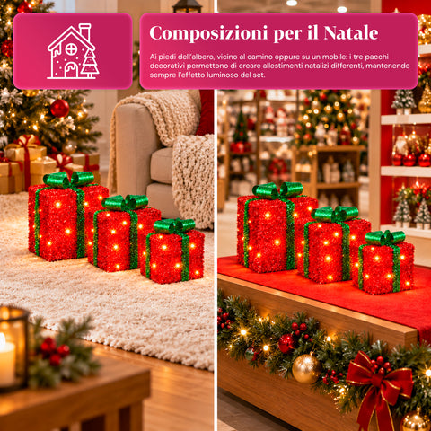 Set 3 pacchi regalo luminosi a batteria 51 LED bianco caldo