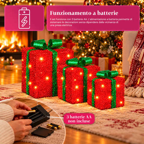 Set 3 pacchi regalo luminosi a batteria 51 LED bianco caldo