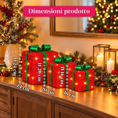 Set 3 pacchi regalo luminosi a batteria 51 LED bianco caldo