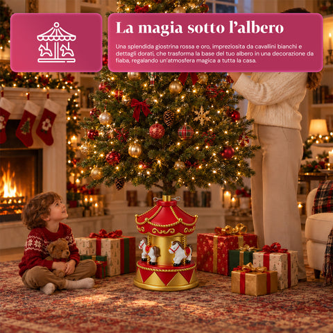 Base Albero di Natale a Giostrina con Cavalli, Rossa e Oro, 54 cm