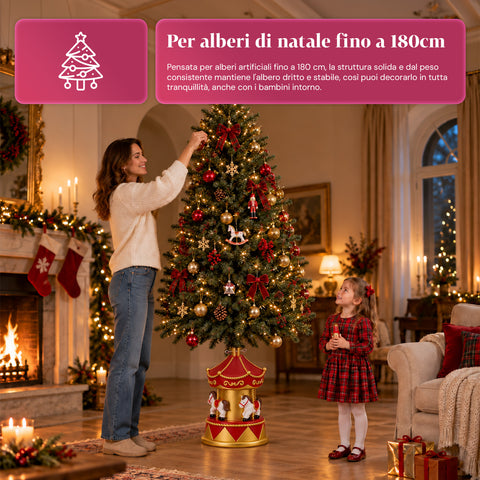 Base Albero di Natale a Giostrina con Cavalli, Rossa e Oro, 54 cm