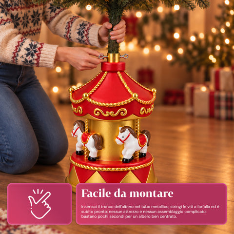 Base Albero di Natale a Giostrina con Cavalli, Rossa e Oro, 54 cm