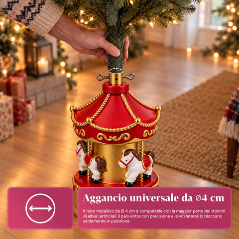 Base Albero di Natale a Giostrina con Cavalli, Rossa e Oro, 54 cm