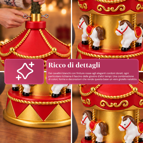 Base Albero di Natale a Giostrina con Cavalli, Rossa e Oro, 54 cm