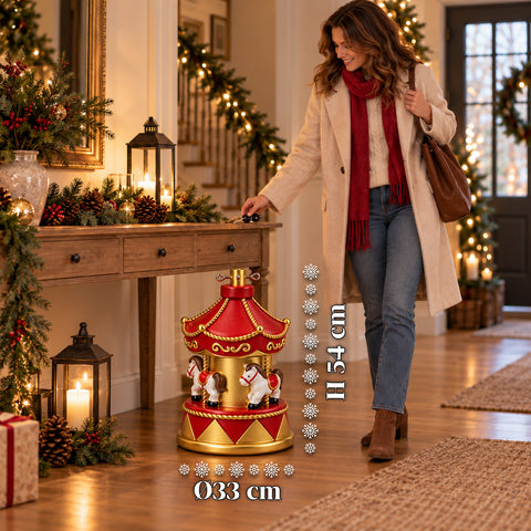 Base Albero di Natale a Giostrina con Cavalli, Rossa e Oro, 54 cm