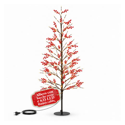 Albero Luminoso con Bacche Rosse 150 cm, 635 LED Bianco Caldo