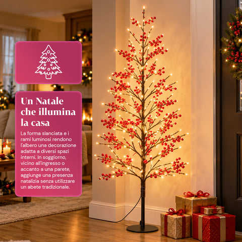 Albero Luminoso con Bacche Rosse 150 cm, 635 LED Bianco Caldo
