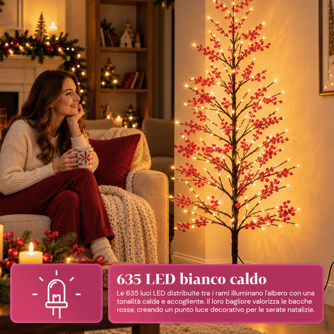 Albero Luminoso con Bacche Rosse 150 cm, 635 LED Bianco Caldo