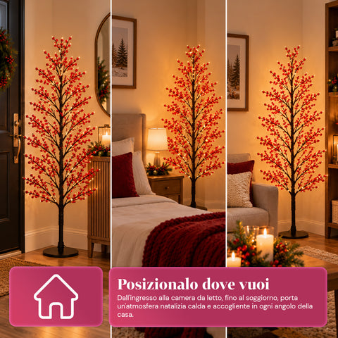 Albero Luminoso con Bacche Rosse 150 cm, 635 LED Bianco Caldo
