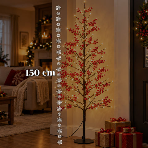 Albero Luminoso con Bacche Rosse 150 cm, 635 LED Bianco Caldo