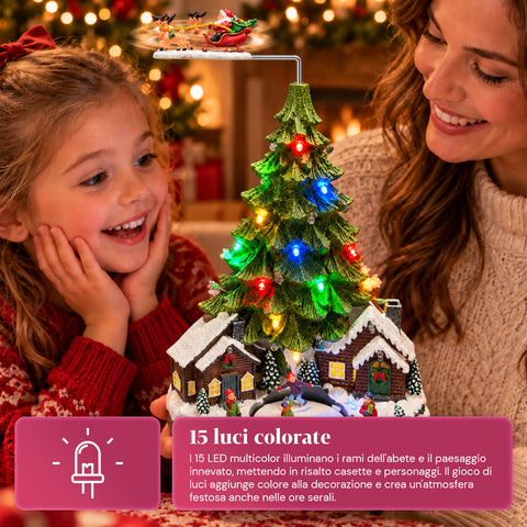 Paesaggio Natalizio con Albero, Luci LED, Musica e Movimento