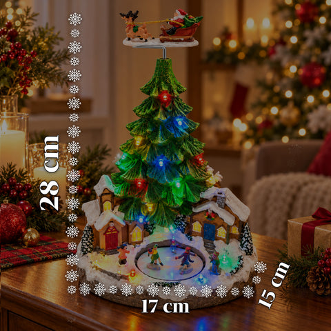 Paesaggio Natalizio con Albero, Luci LED, Musica e Movimento