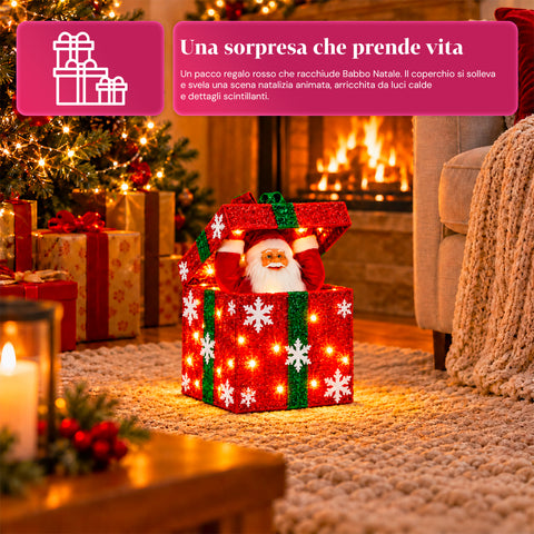 Pacco regalo luminoso con Babbo Natale musicale e animato H30 cm