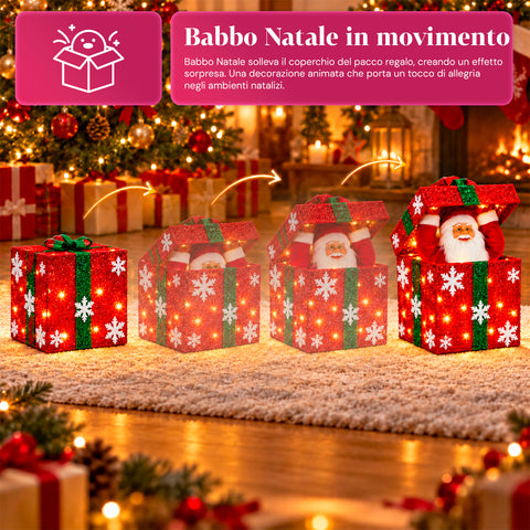 Pacco regalo luminoso con Babbo Natale musicale e animato H30 cm