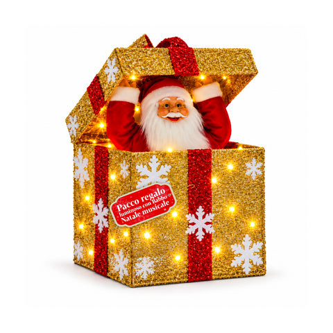 Pacco regalo luminoso con Babbo Natale musicale e animato H30 cm